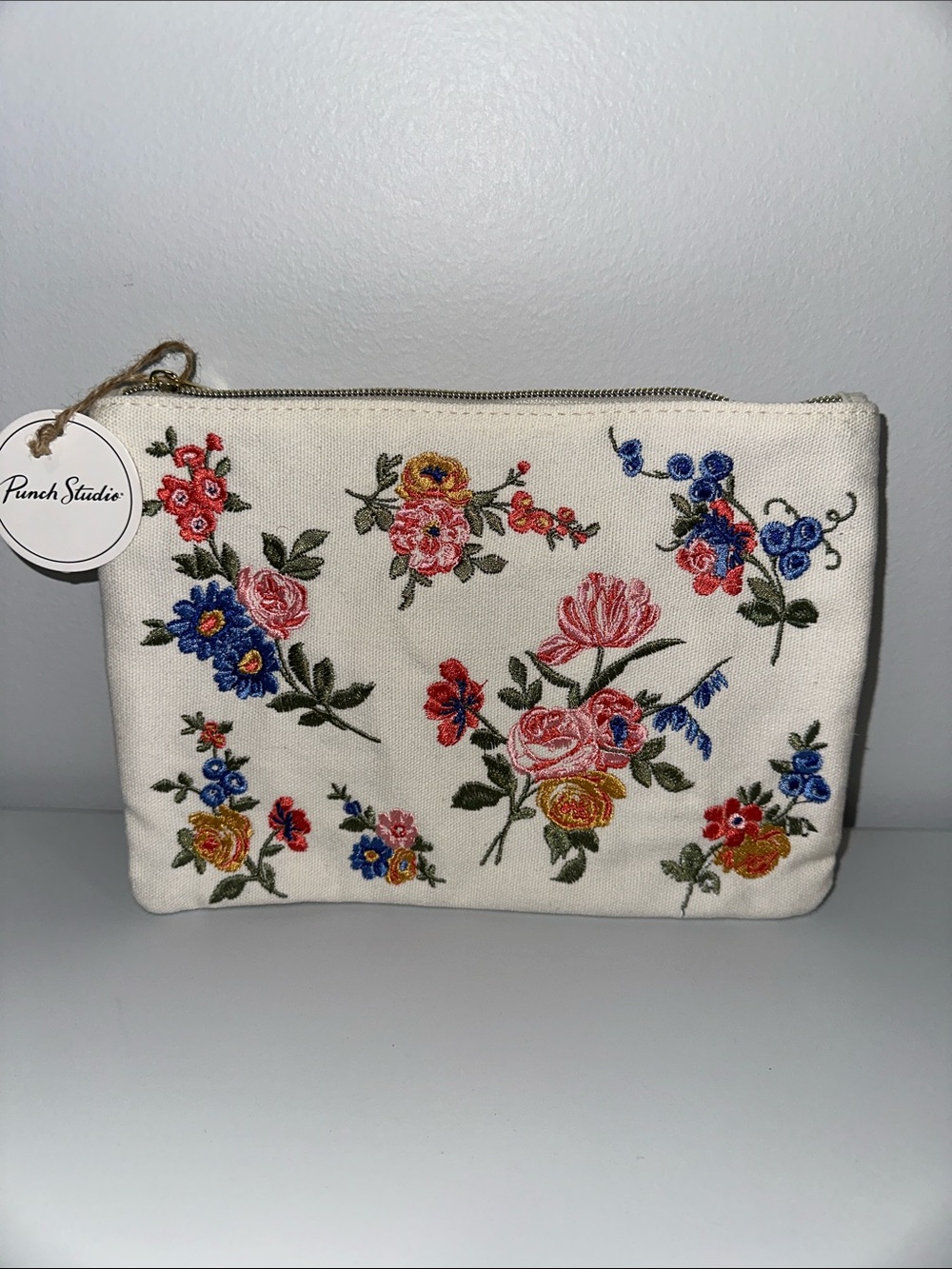 Punch Studio Ivory Muti Delicate Embroidered Floral Canvas Gold Tone Zip Pouch
